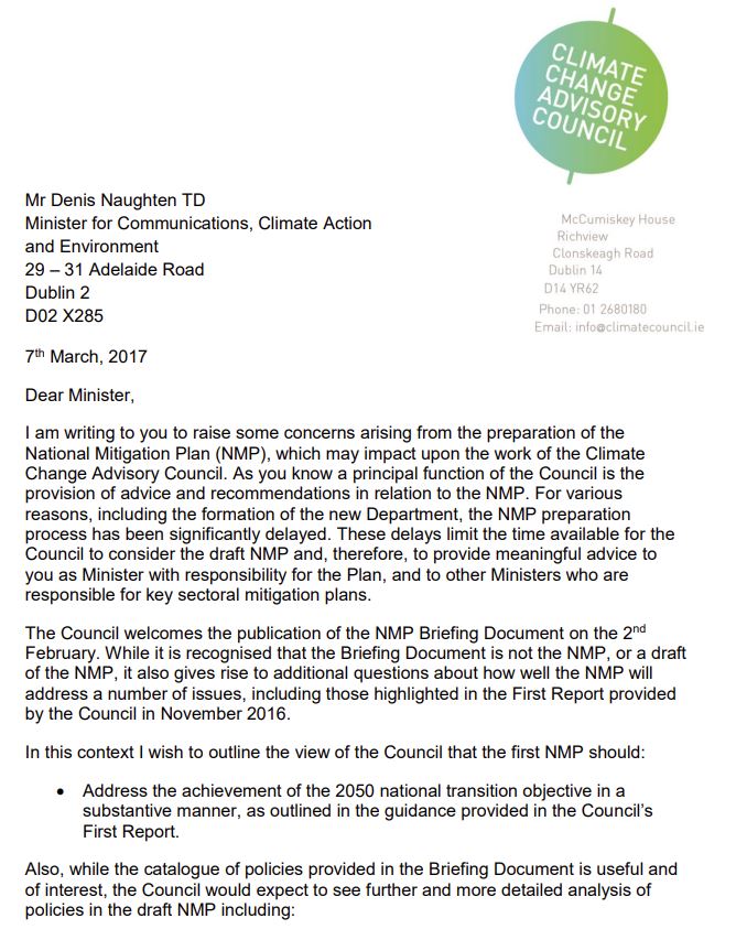 Letter to Minister Naughten re the preparation of the National Mitigation Plan
